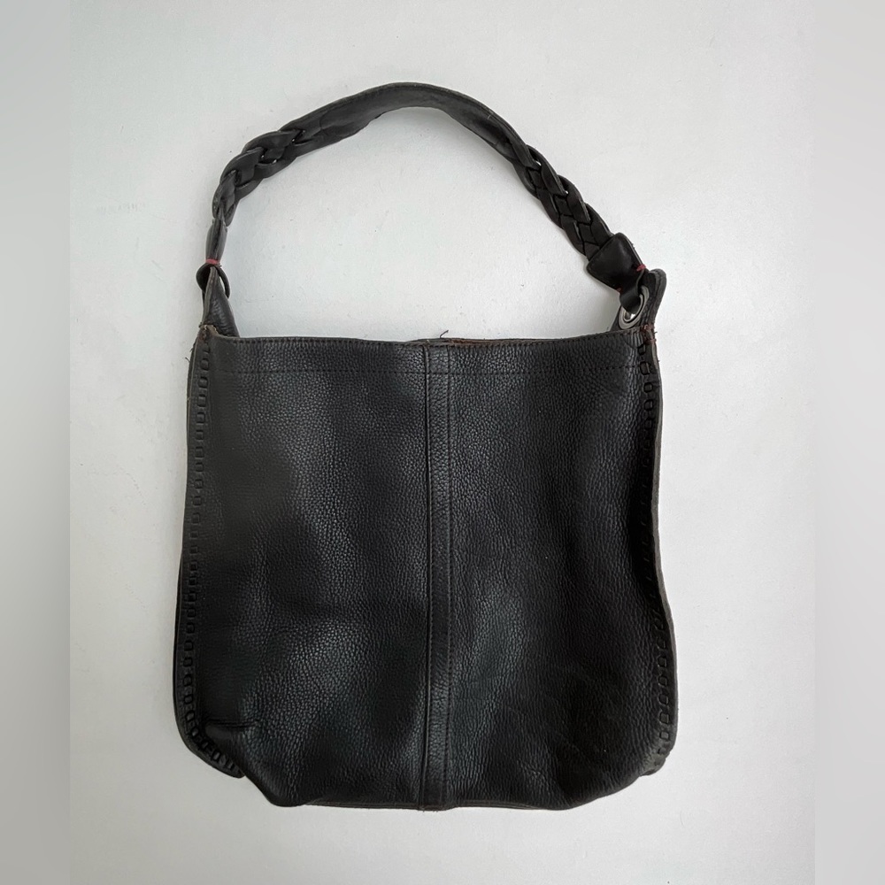 Lucky Brand Black Braided Pebbled Leather shoulder Tote Laptop Bag Purse
